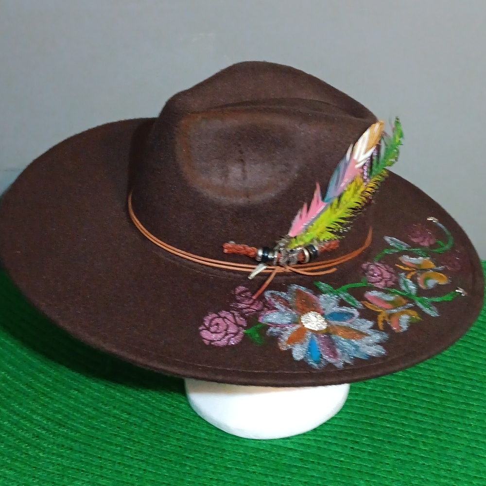Custom One Of Kind Brown Wide wide-brim hat with Flower Accent, feathers